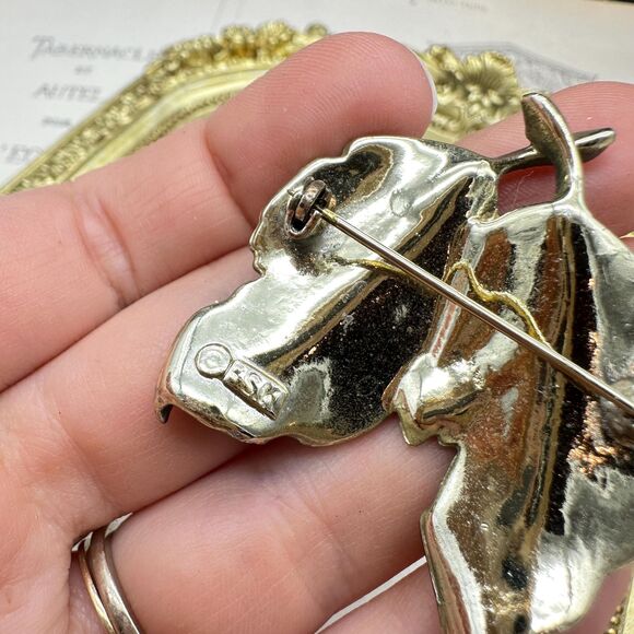 Vintage BSK Brushed Enamel & Rhinestone Leaves Leaf Brooch Moss Green  Enamel - Picture 5 of 5